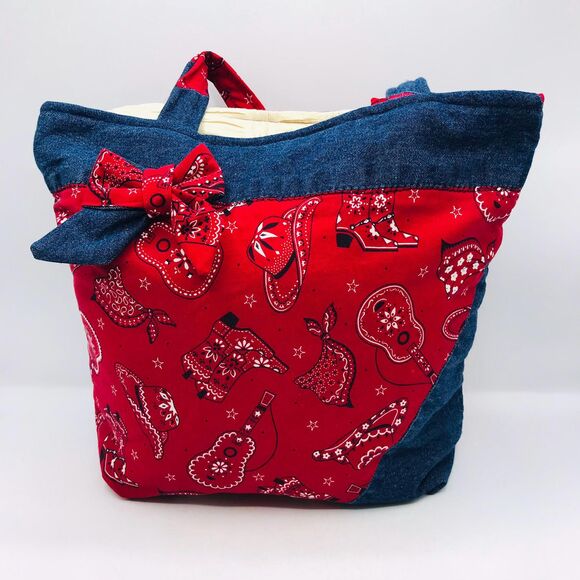 Basic Lizbet Library Market Tote Bag, Denim and Red Bandana 14x14x3" W Pockets - Picture 1 of 6